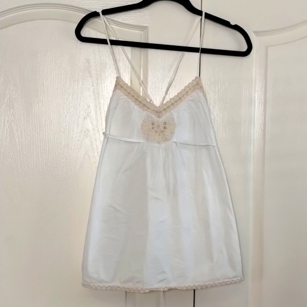 AEO American Eagle white w/cream brocade lace summer tank top size 6 stretch